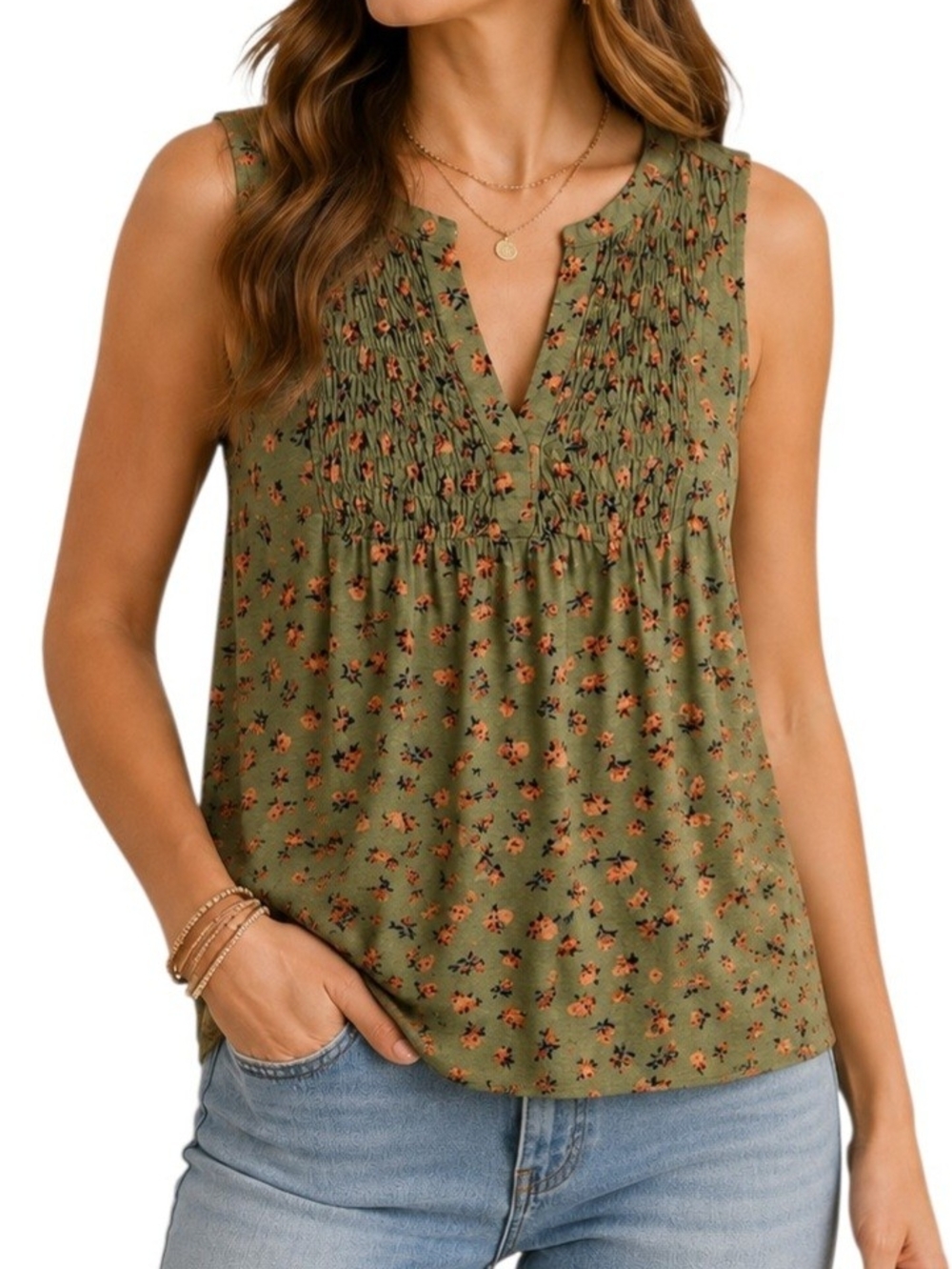 Lucky Brand Women’s Large Olive Green Floral Sleeveless Smocked Boho Tank Top